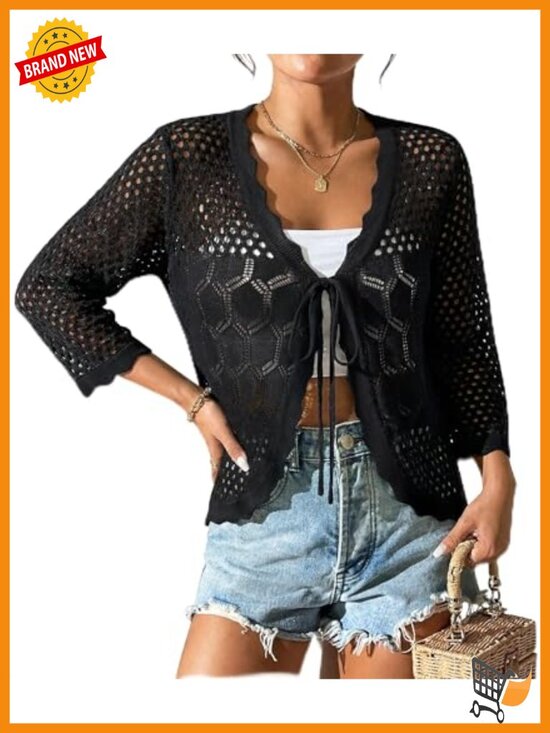 Sweaters - Women Crochet Cardigan Tie Front Cropped Shrug Bolero Cover Up